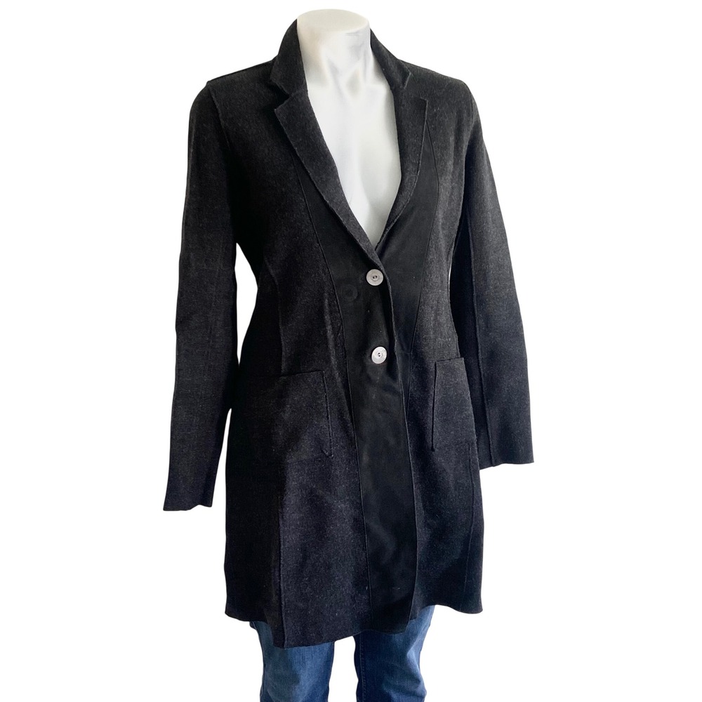 Eileen Fisher‎ Merino Wool Lamb Leather Trim Long Cardigan Coat Charcoal Gray XS